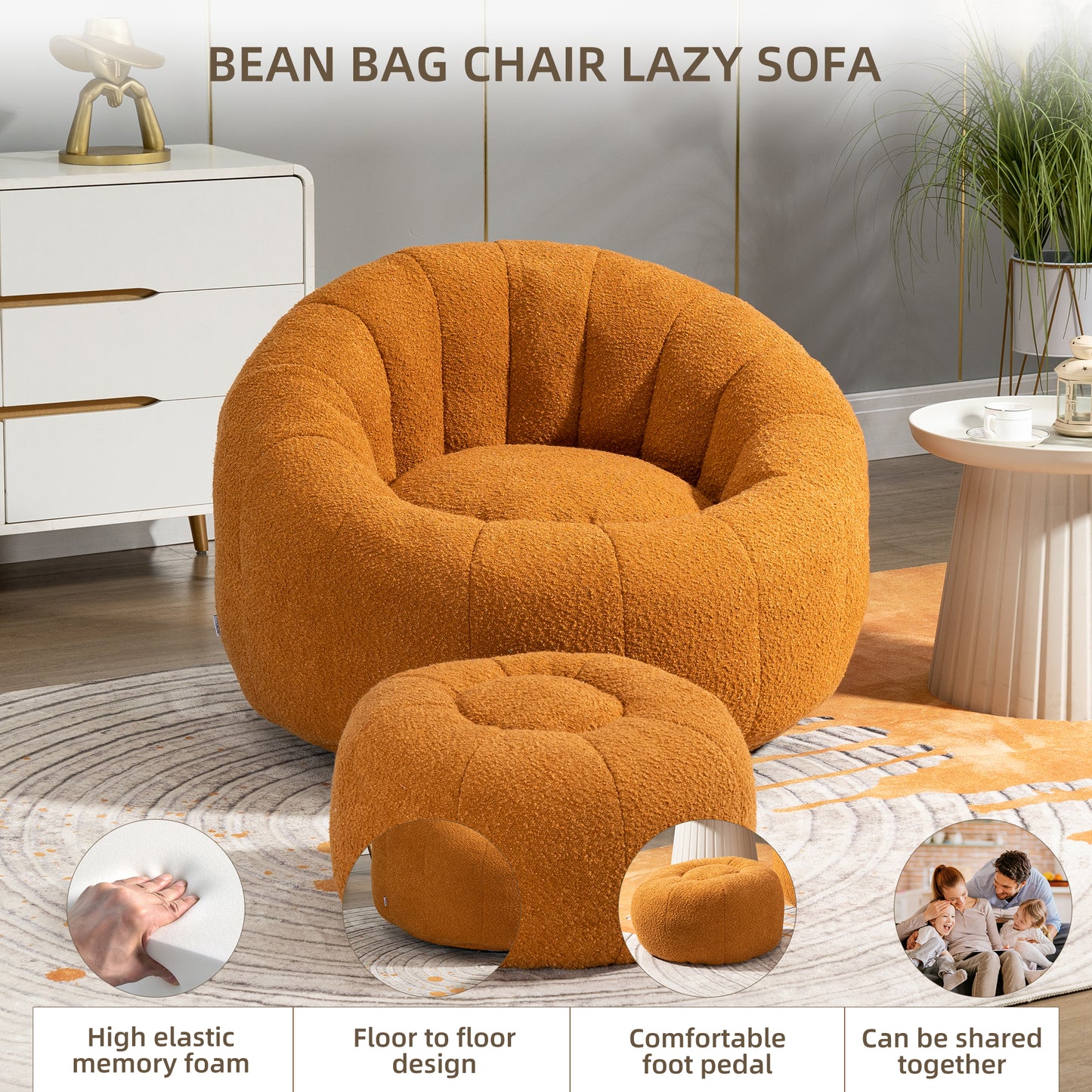 MOONMISS Bean Bag Chair with Swivel Base - Comfortable Lazy Sofa with Footstool, Durable Comfort Accent Chair with Ottoman for Living Room and Bedroom