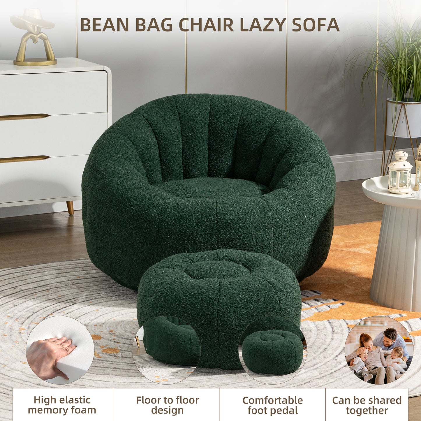 MOONMISS Bean Bag Chair with Swivel Base - Comfortable Lazy Sofa with Footstool, Durable Comfort Accent Chair with Ottoman for Living Room and Bedroom