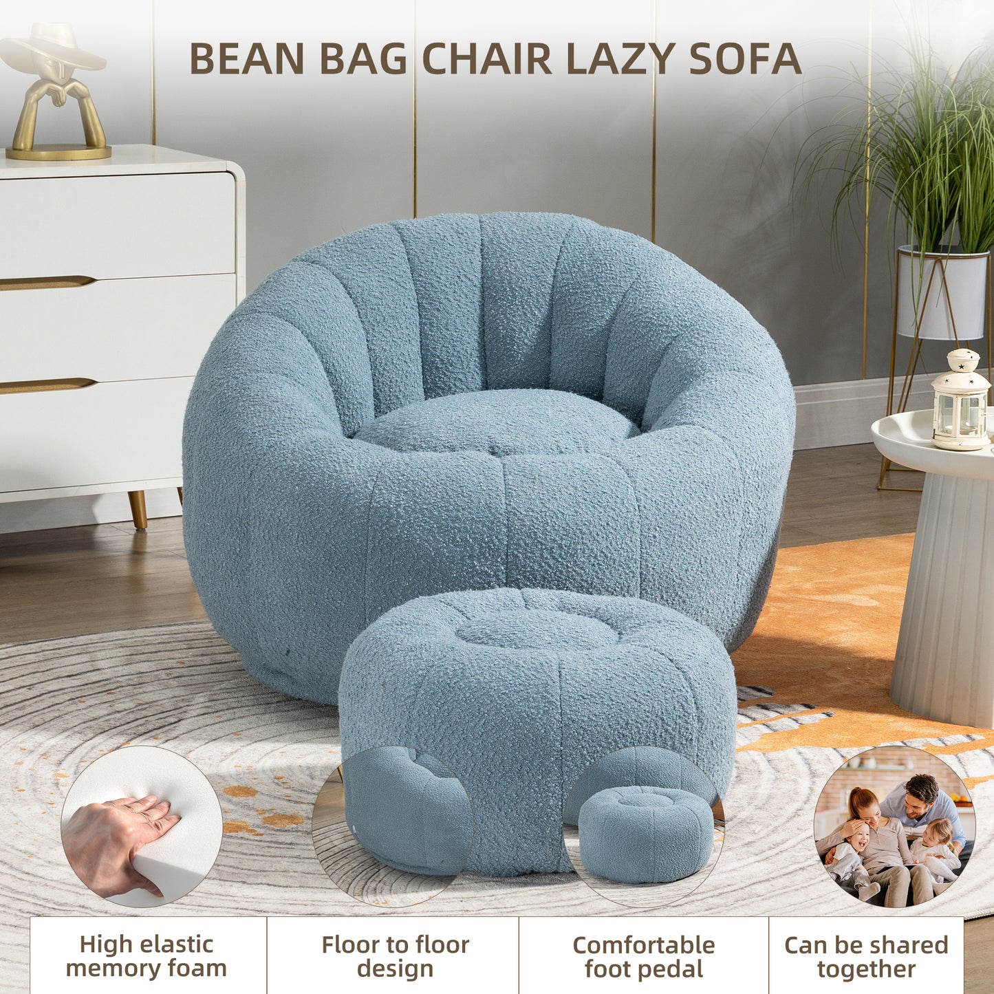 MOONMISS Bean Bag Chair with Swivel Base - Comfortable Lazy Sofa with Footstool, Durable Comfort Accent Chair with Ottoman for Living Room and Bedroom