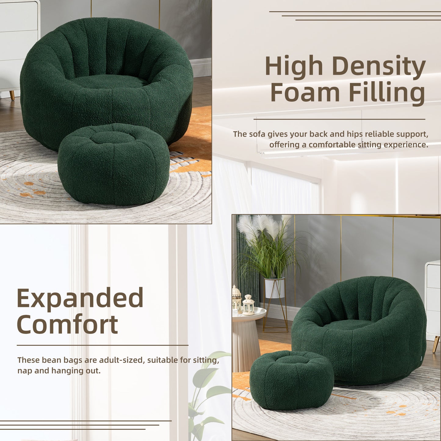 MOONMISS Bean Bag Chair with Swivel Base - Comfortable Lazy Sofa with Footstool, Durable Comfort Accent Chair with Ottoman for Living Room and Bedroom