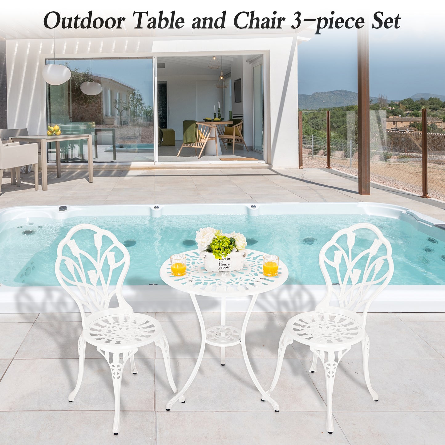 MOONMISS 3 Piece Outdoor Bistro Table Set, Cast Aluminum Bistro Table Set with Umbrella Hole, Bistro Table and Chairs for Backyard, Balcony