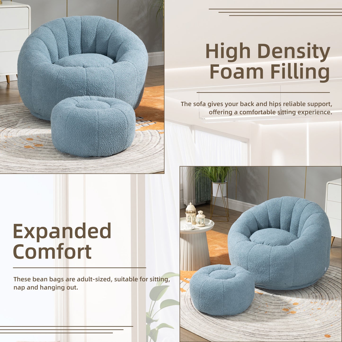 MOONMISS Bean Bag Chair with Swivel Base - Comfortable Lazy Sofa with Footstool, Durable Comfort Accent Chair with Ottoman for Living Room and Bedroom