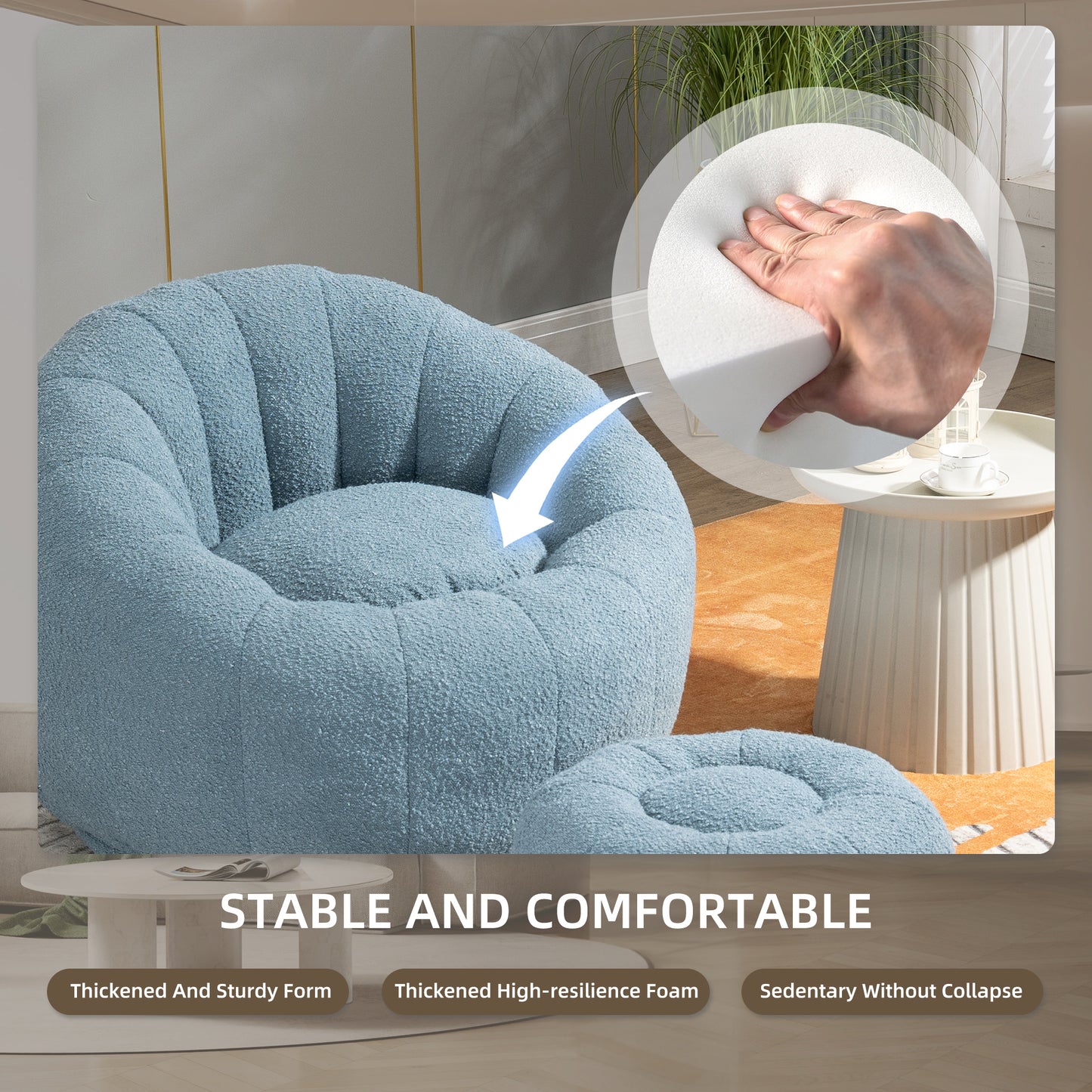 MOONMISS Bean Bag Chair with Swivel Base - Comfortable Lazy Sofa with Footstool, Durable Comfort Accent Chair with Ottoman for Living Room and Bedroom