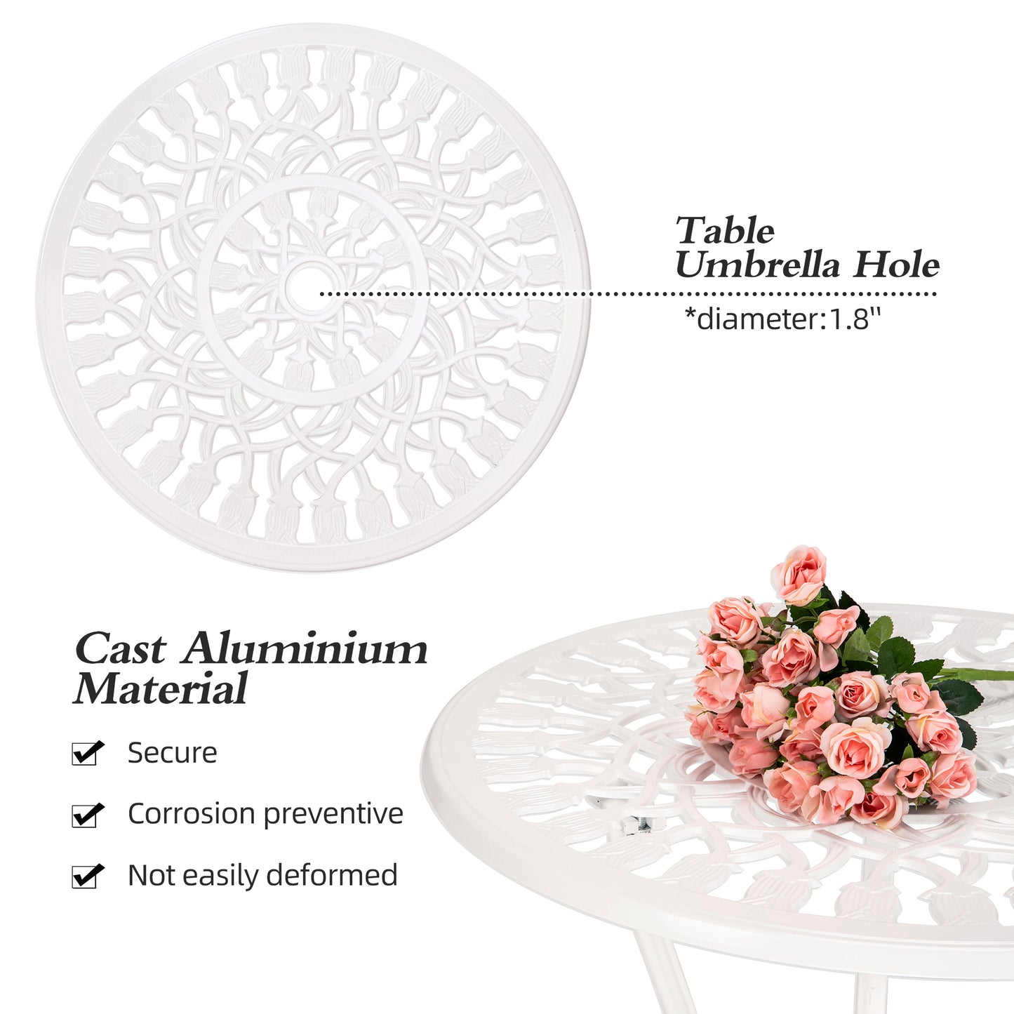 MOONMISS 3 Piece Outdoor Bistro Table Set, Cast Aluminum Bistro Table Set with Umbrella Hole, Bistro Table and Chairs for Backyard, Balcony