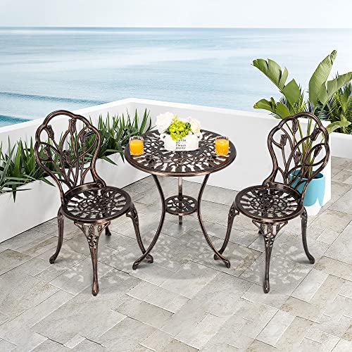 MOONMISS 3 Piece Outdoor Bistro Table Set, Cast Aluminum Bistro Table Set with Umbrella Hole, Bistro Table and Chairs for Backyard, Balcony