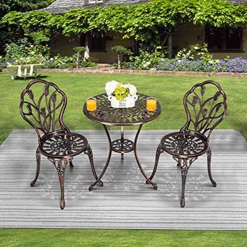 MOONMISS 3 Piece Outdoor Bistro Table Set, Cast Aluminum Bistro Table Set with Umbrella Hole, Bistro Table and Chairs for Backyard, Balcony