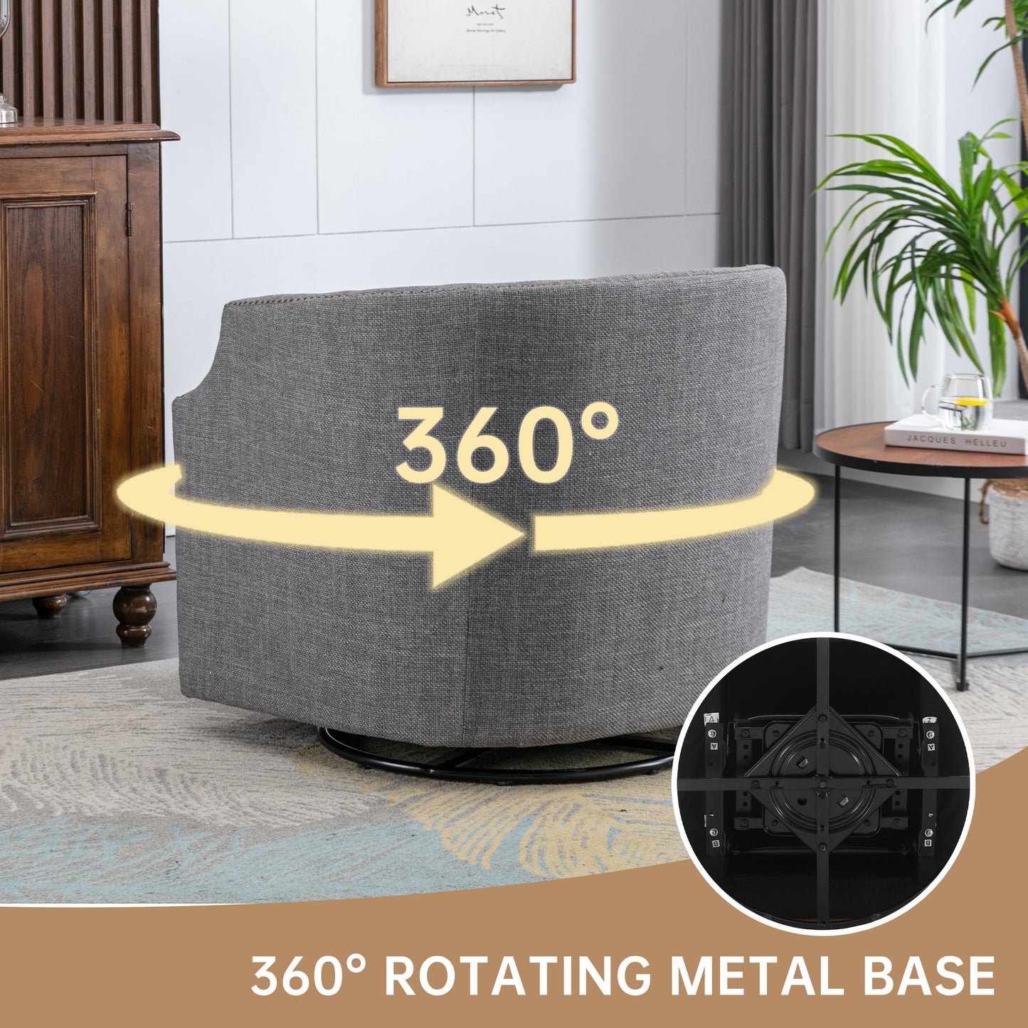 MOONMISS 360 Degree Swivel Accent Chair, Mid-Century Armchair with Deep Seat, Round Barrel Chair for Living Room Bedroom