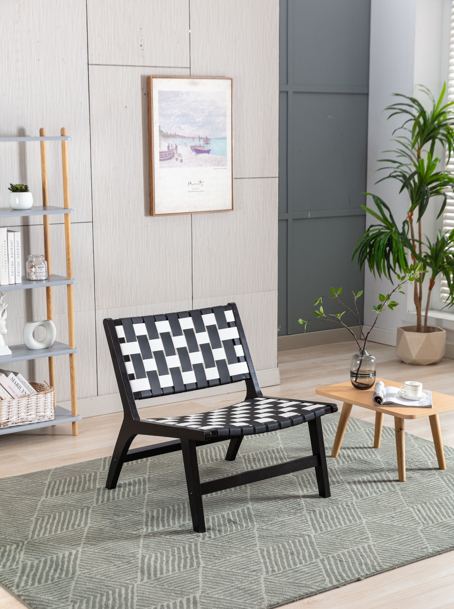 MOONMISS Solid Wood Frame Chair With White Faux Wool. Modern Accent Chair Lounge Chair for Living Room