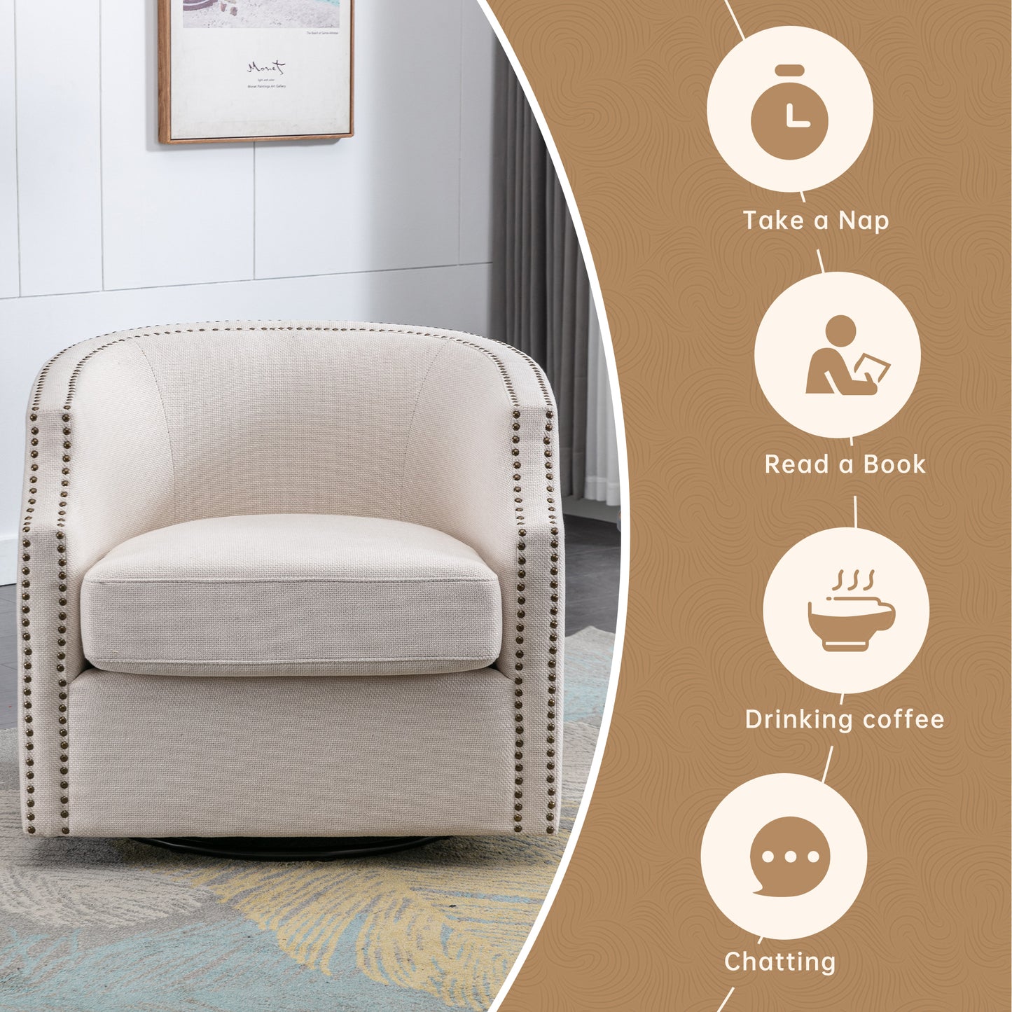 MOONMISS 360 Degree Swivel Accent Chair, Mid-Century Armchair with Deep Seat, Round Barrel Chair for Living Room Bedroom