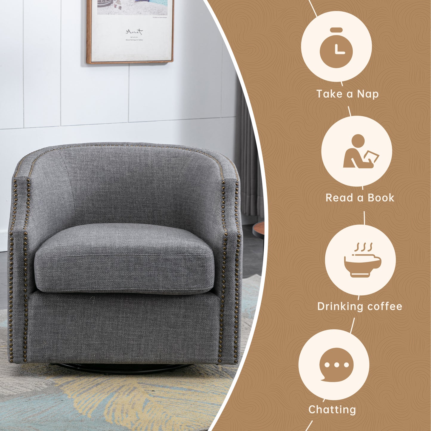 MOONMISS 360 Degree Swivel Accent Chair, Mid-Century Armchair with Deep Seat, Round Barrel Chair for Living Room Bedroom