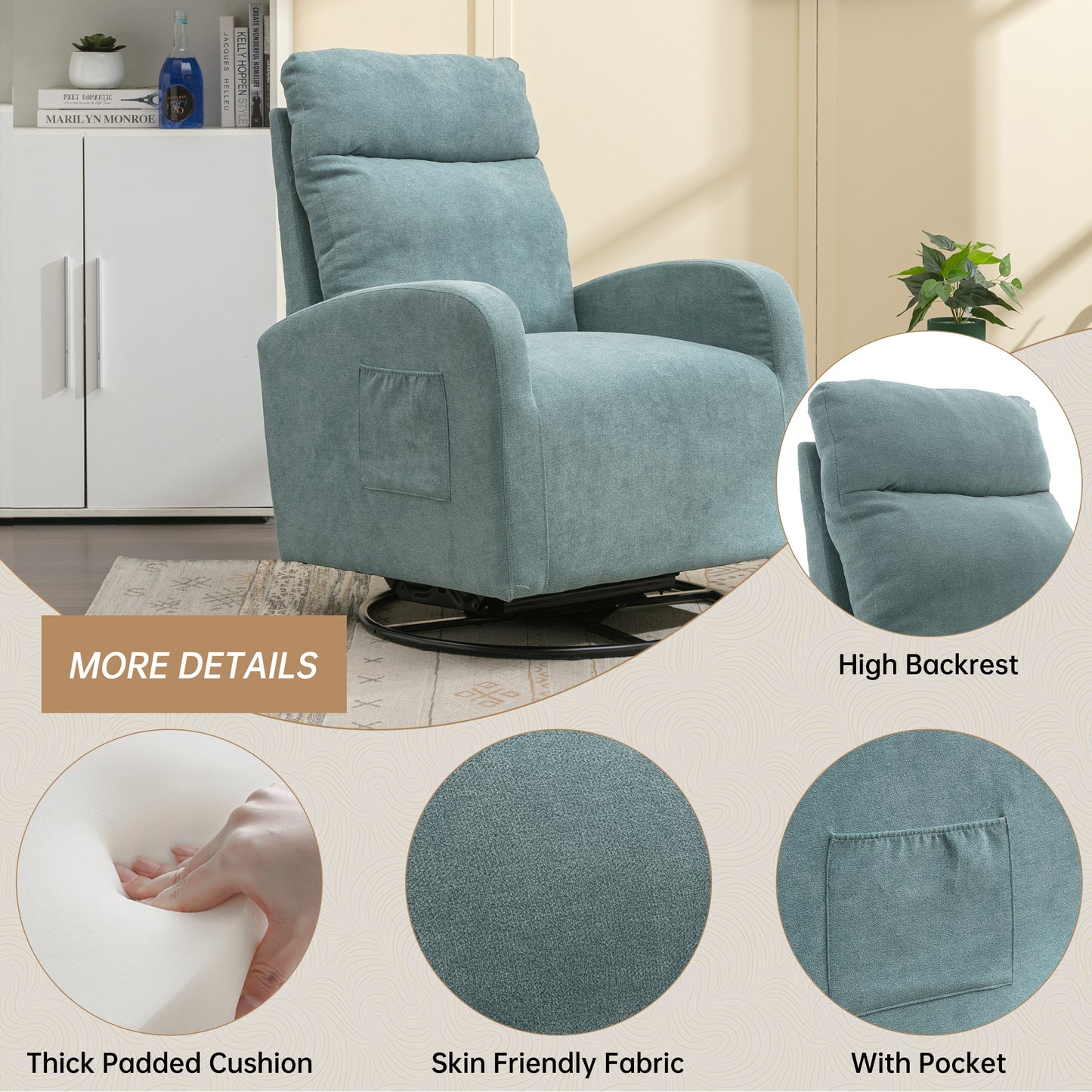 MOONMISS Swivel Glider Rocker Chair, Rocking Chair Nursery with Pocket, Comfy Chair with High Back, Deep Seat for Living Room, Bedroom
