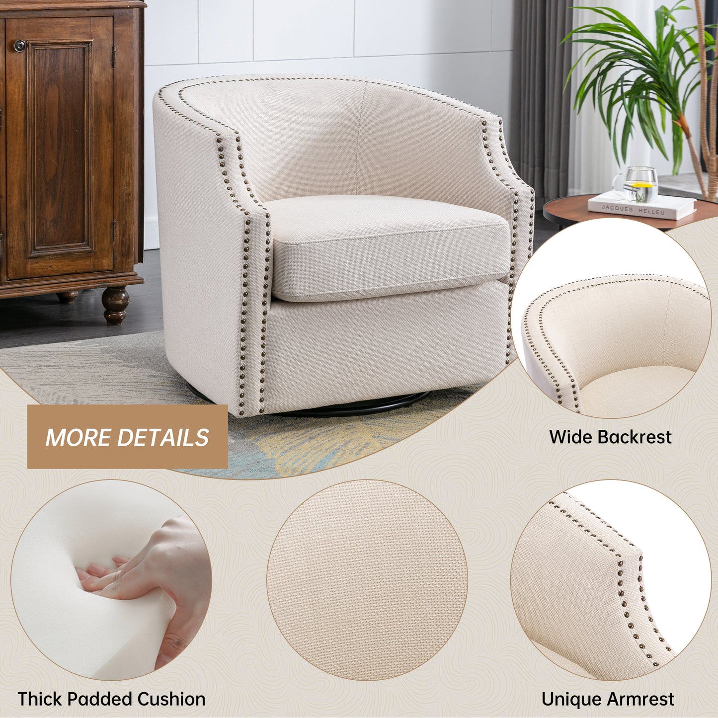 MOONMISS 360 Degree Swivel Accent Chair, Mid-Century Armchair with Deep Seat, Round Barrel Chair for Living Room Bedroom