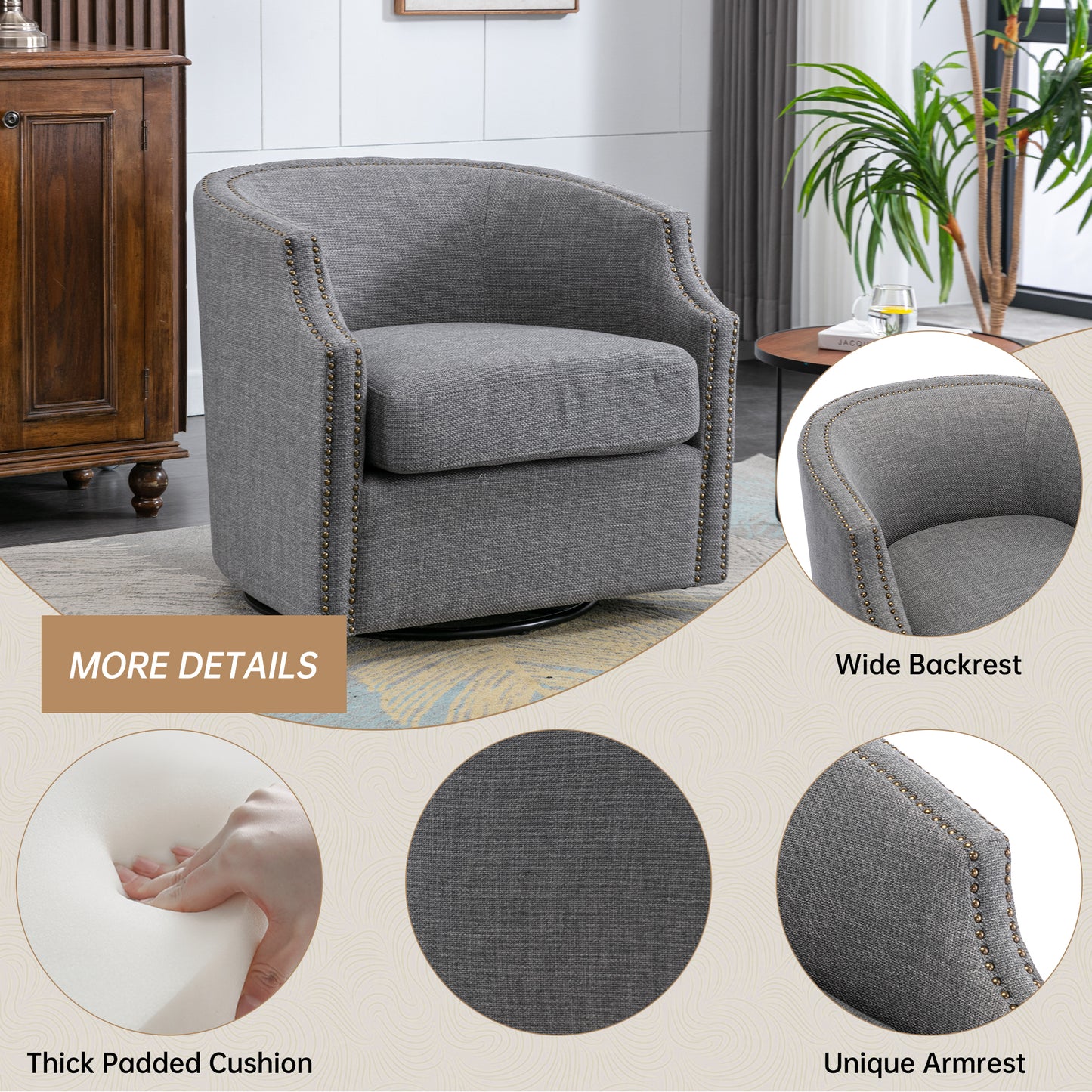 MOONMISS 360 Degree Swivel Accent Chair, Mid-Century Armchair with Deep Seat, Round Barrel Chair for Living Room Bedroom