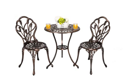 MOONMISS 3 Piece Outdoor Bistro Table Set, Cast Aluminum Bistro Table Set with Umbrella Hole, Bistro Table and Chairs for Backyard, Balcony