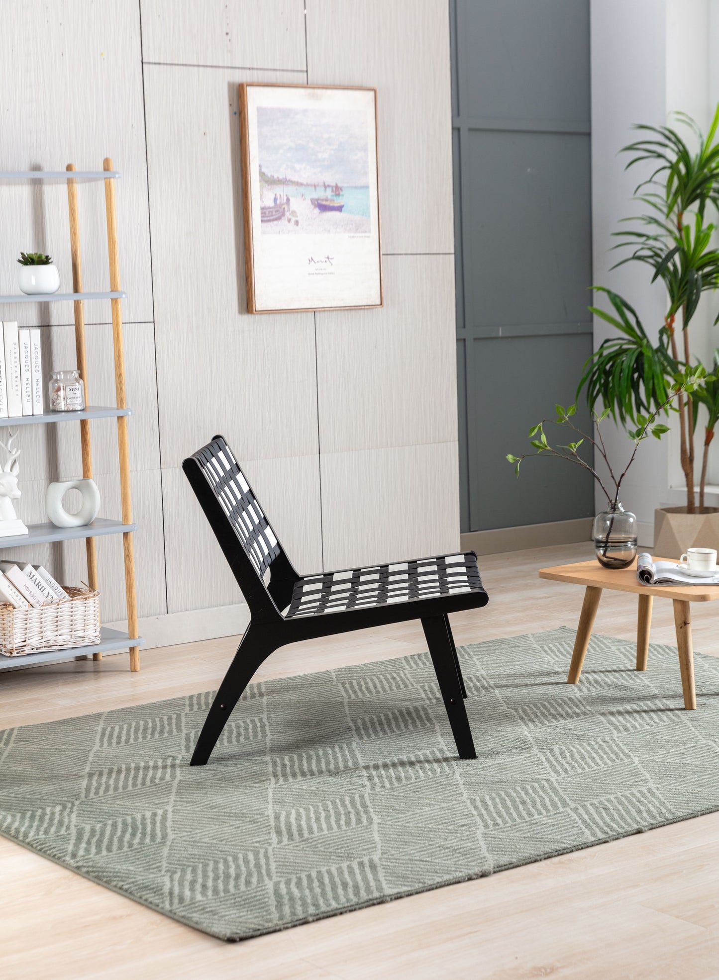 MOONMISS Solid Wood Frame Chair With White Faux Wool. Modern Accent Chair Lounge Chair for Living Room