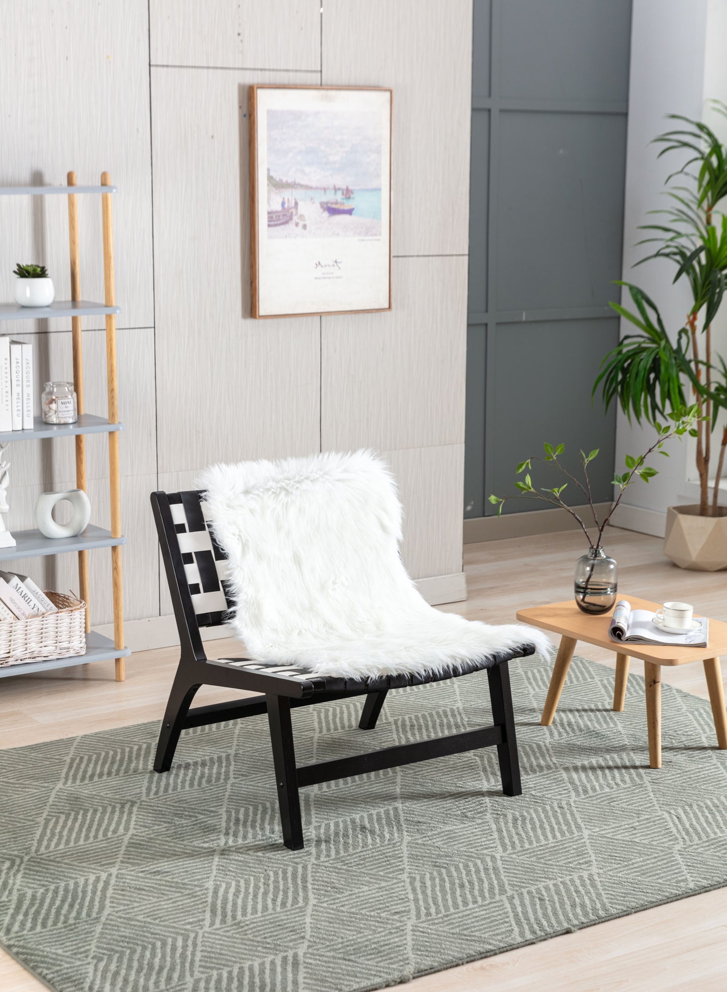 MOONMISS Solid Wood Frame Chair With White Faux Wool. Modern Accent Chair Lounge Chair for Living Room