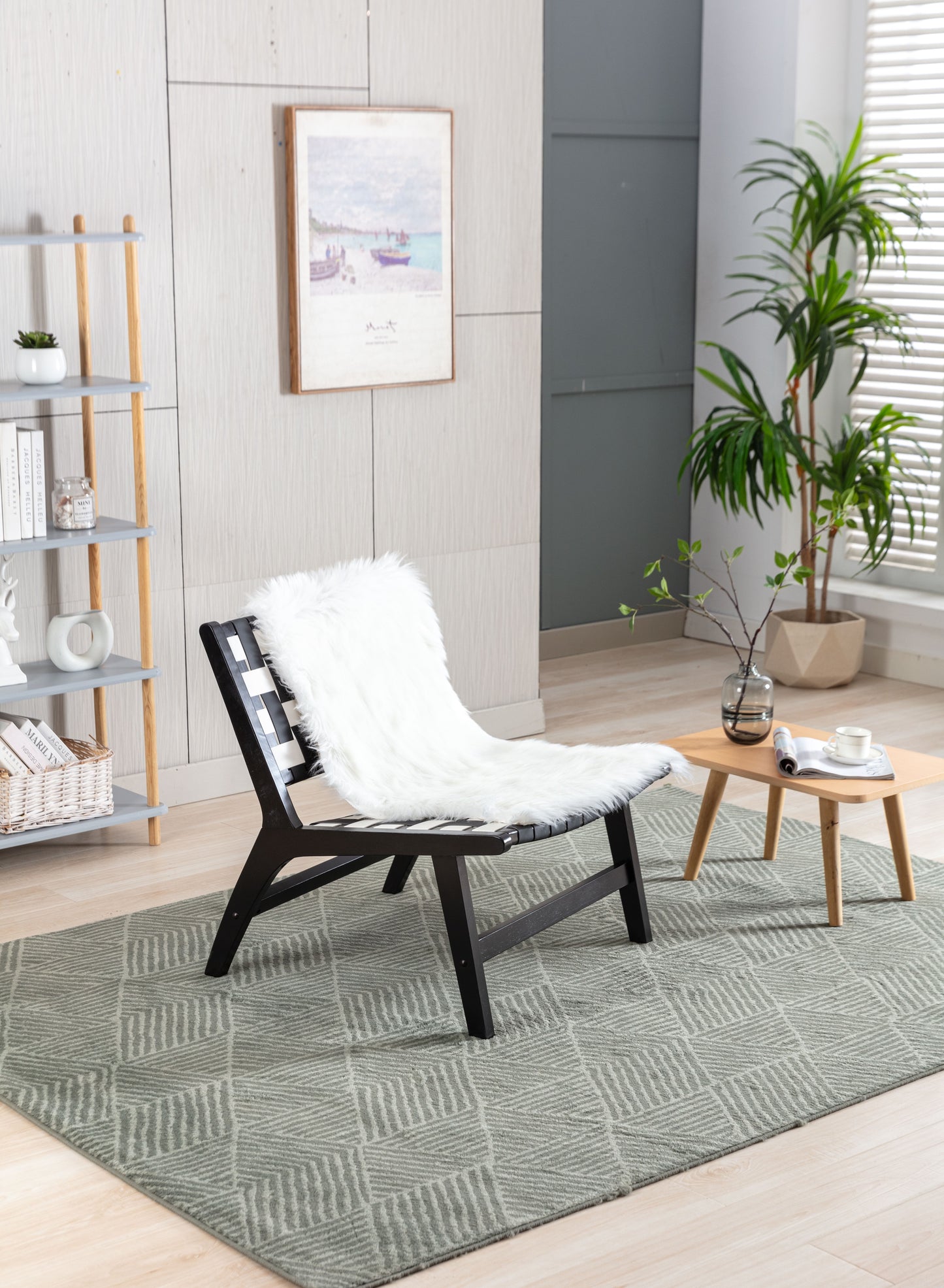 MOONMISS Solid Wood Frame Chair With White Faux Wool. Modern Accent Chair Lounge Chair for Living Room