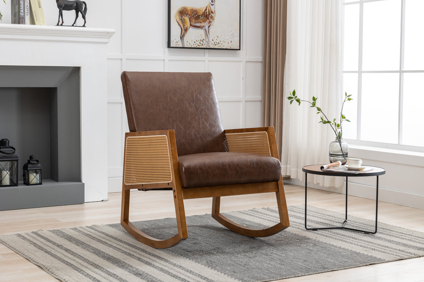 MOONMISS Mid-Century Modern Nursery Rocking Armchair, Upholstered Tall Back Accent Glider Rocker, Made of Solid Wood, Suitable for Living Room, Bedroom, Office