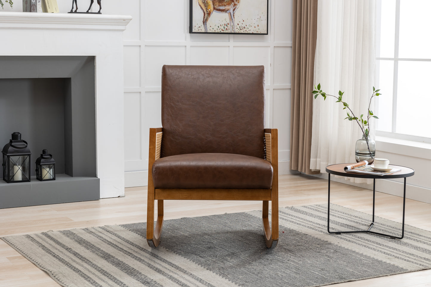MOONMISS Mid-Century Modern Nursery Rocking Armchair, Upholstered Tall Back Accent Glider Rocker, Made of Solid Wood, Suitable for Living Room, Bedroom, Office