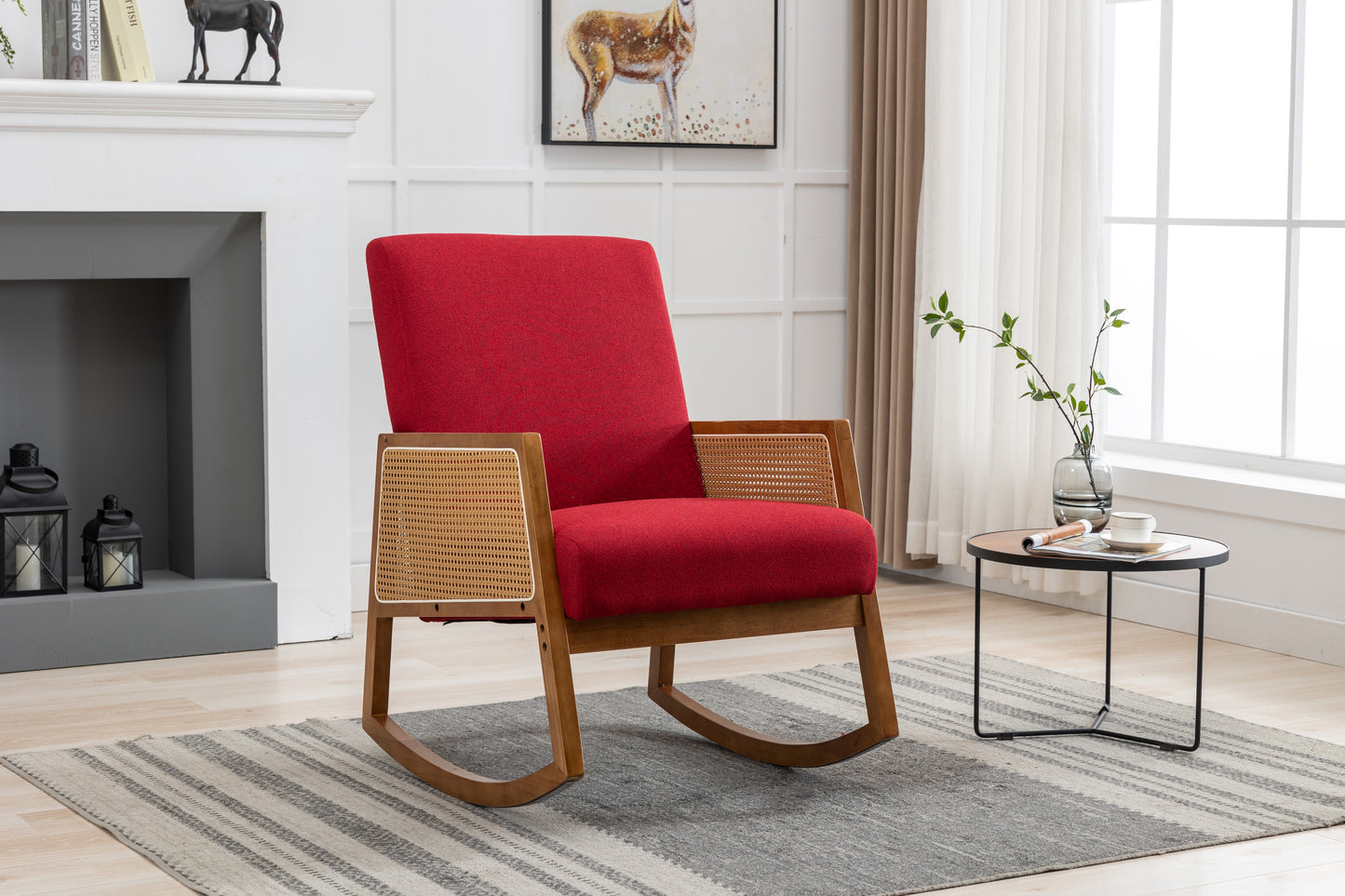MOONMISS Mid-Century Modern Nursery Rocking Armchair, Upholstered Tall Back Accent Glider Rocker, Made of Solid Wood, Suitable for Living Room, Bedroom, Office