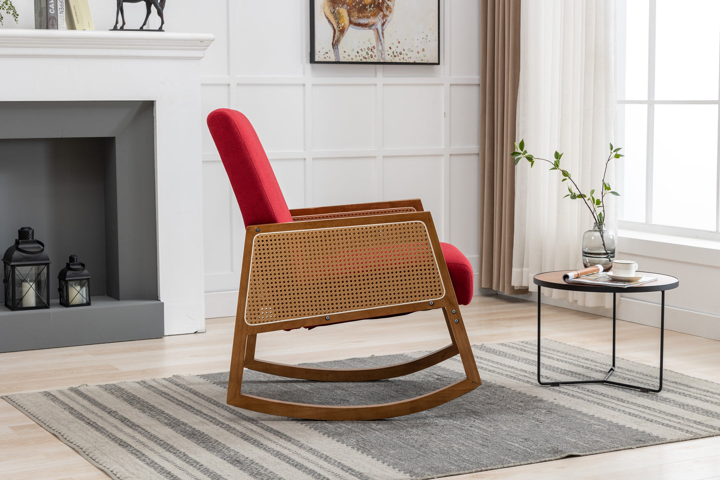 MOONMISS Mid-Century Modern Nursery Rocking Armchair, Upholstered Tall Back Accent Glider Rocker, Made of Solid Wood, Suitable for Living Room, Bedroom, Office