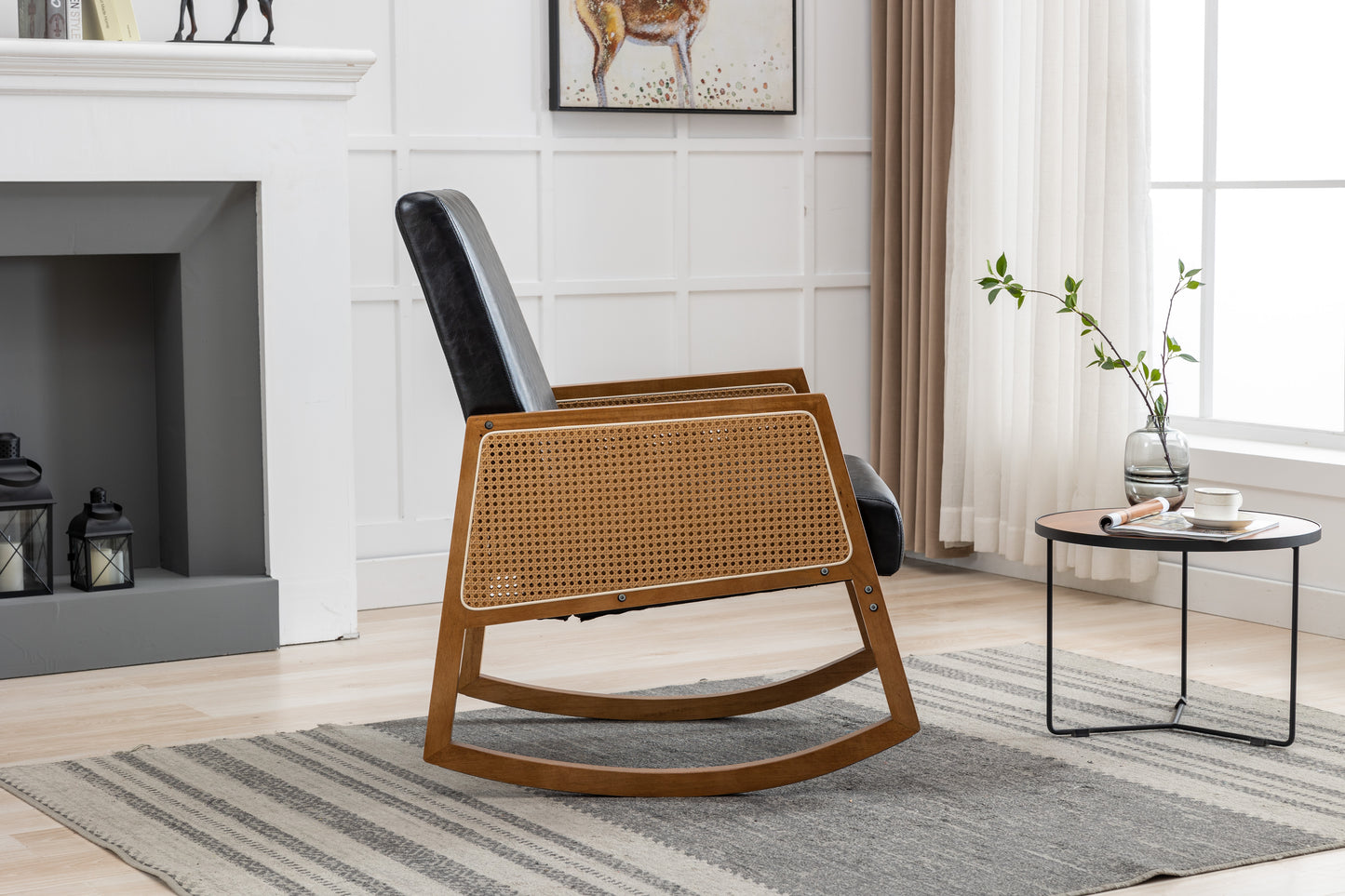 MOONMISS Mid-Century Modern Nursery Rocking Armchair, Upholstered Tall Back Accent Glider Rocker, Made of Solid Wood, Suitable for Living Room, Bedroom, Office