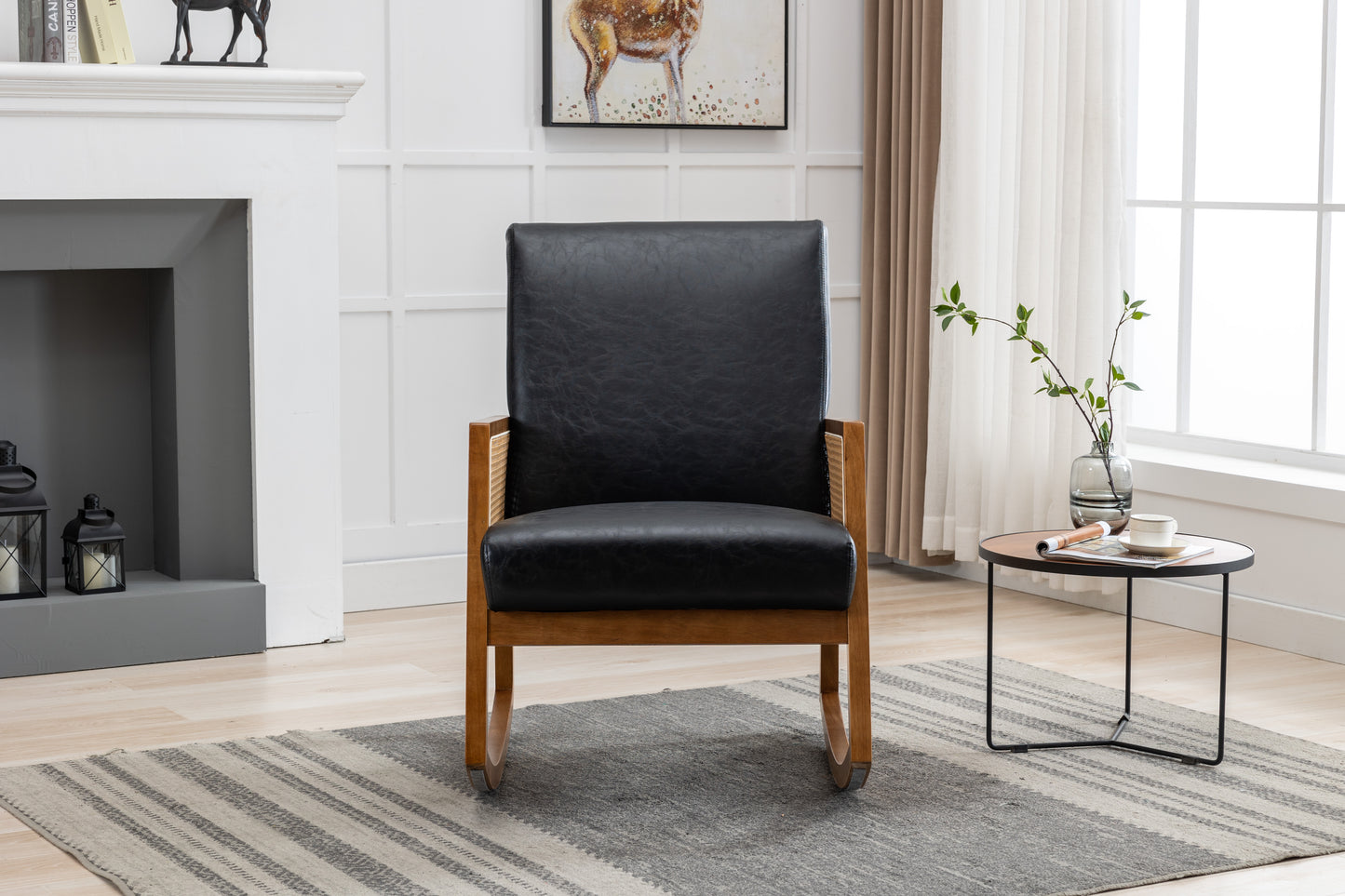 MOONMISS Mid-Century Modern Nursery Rocking Armchair, Upholstered Tall Back Accent Glider Rocker, Made of Solid Wood, Suitable for Living Room, Bedroom, Office