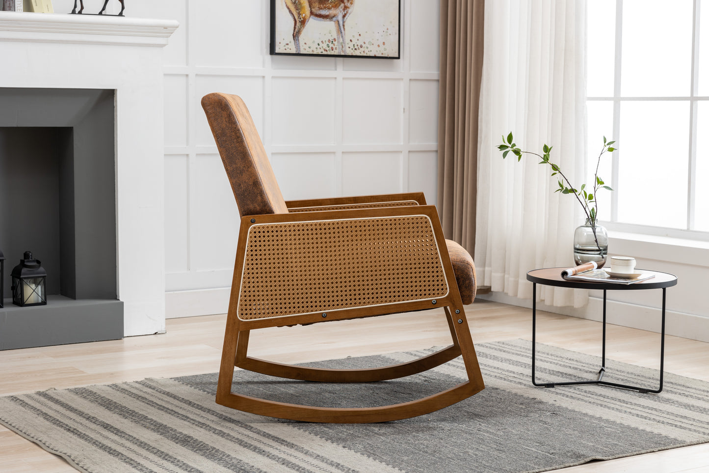 MOONMISS Mid-Century Modern Nursery Rocking Armchair, Upholstered Tall Back Accent Glider Rocker, Made of Solid Wood, Suitable for Living Room, Bedroom, Office