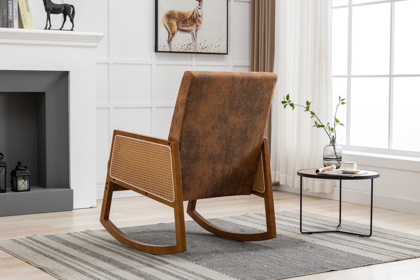 MOONMISS Mid-Century Modern Nursery Rocking Armchair, Upholstered Tall Back Accent Glider Rocker, Made of Solid Wood, Suitable for Living Room, Bedroom, Office