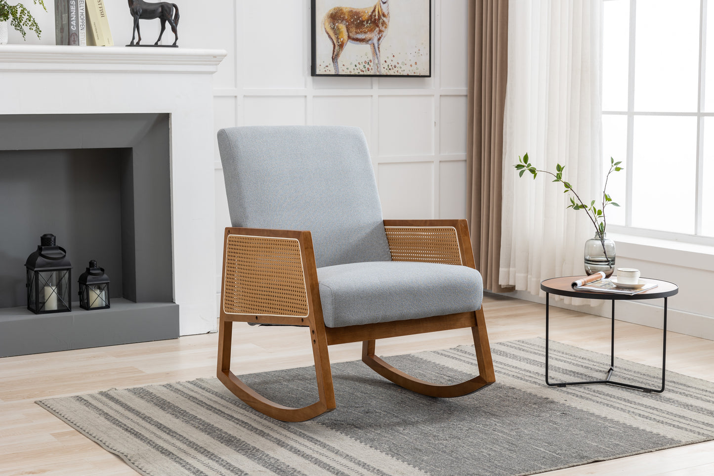 MOONMISS Mid-Century Modern Nursery Rocking Armchair, Upholstered Tall Back Accent Glider Rocker, Made of Solid Wood, Suitable for Living Room, Bedroom, Office