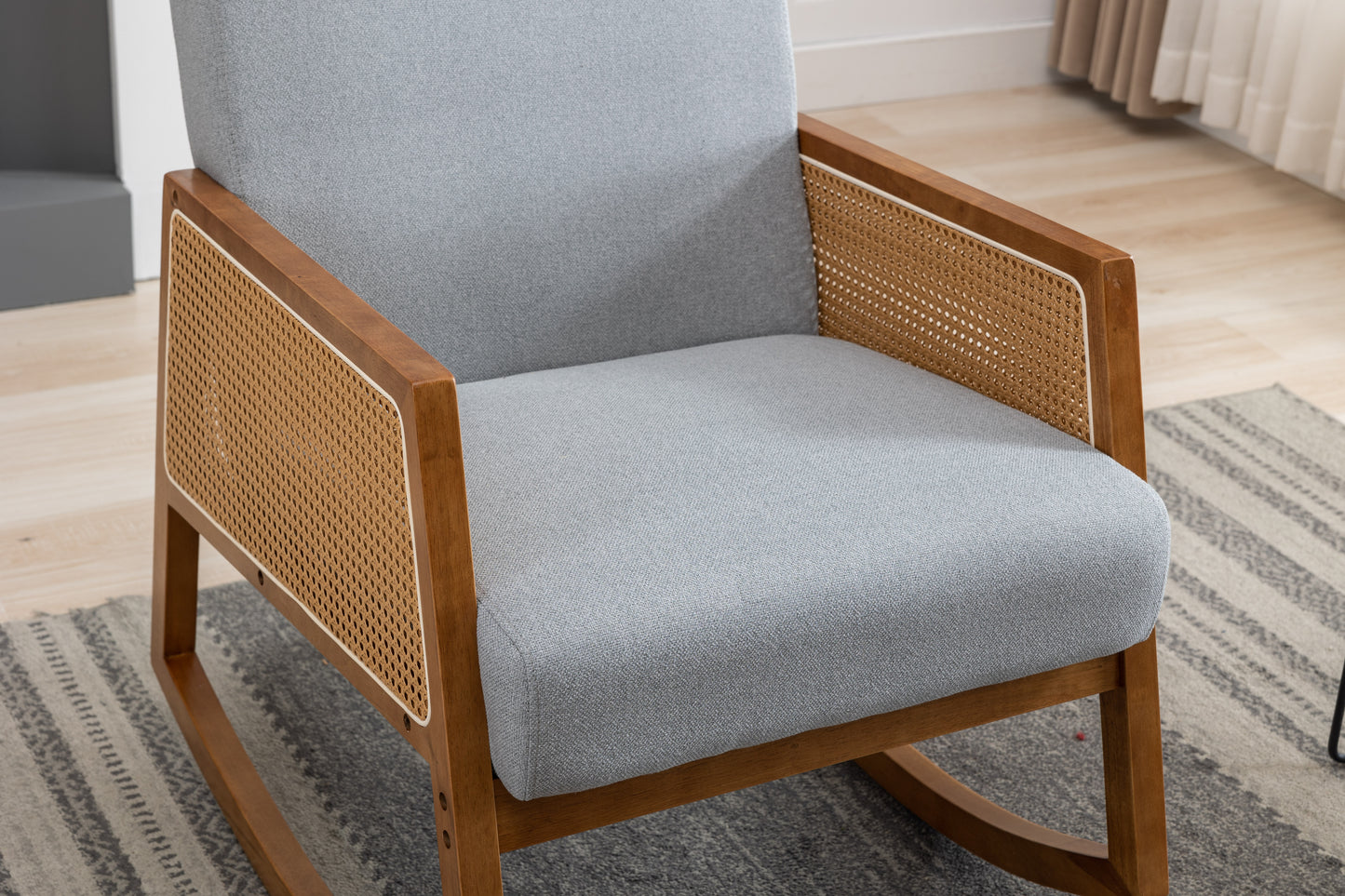 MOONMISS Mid-Century Modern Nursery Rocking Armchair, Upholstered Tall Back Accent Glider Rocker, Made of Solid Wood, Suitable for Living Room, Bedroom, Office