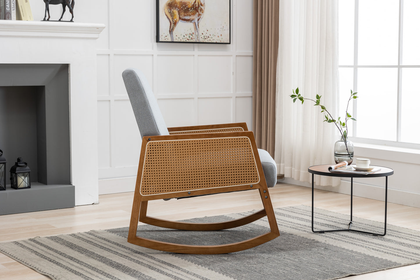 MOONMISS Mid-Century Modern Nursery Rocking Armchair, Upholstered Tall Back Accent Glider Rocker, Made of Solid Wood, Suitable for Living Room, Bedroom, Office