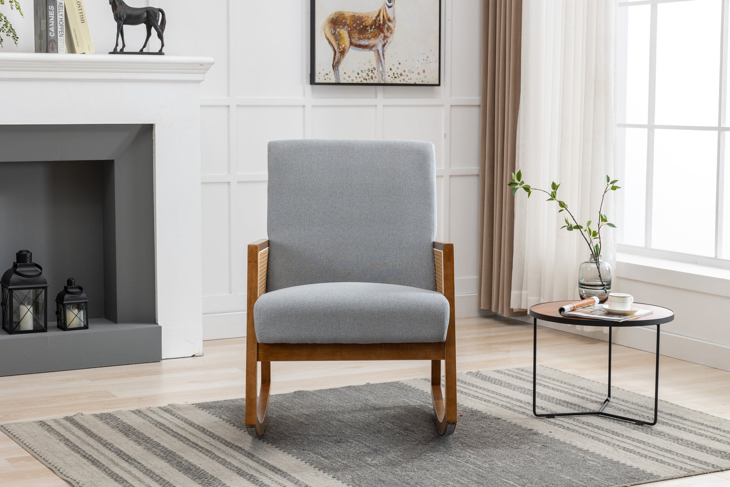 MOONMISS Mid-Century Modern Nursery Rocking Armchair, Upholstered Tall Back Accent Glider Rocker, Made of Solid Wood, Suitable for Living Room, Bedroom, Office