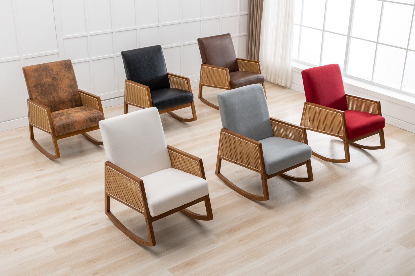 MOONMISS Mid-Century Modern Nursery Rocking Armchair, Upholstered Tall Back Accent Glider Rocker, Made of Solid Wood, Suitable for Living Room, Bedroom, Office