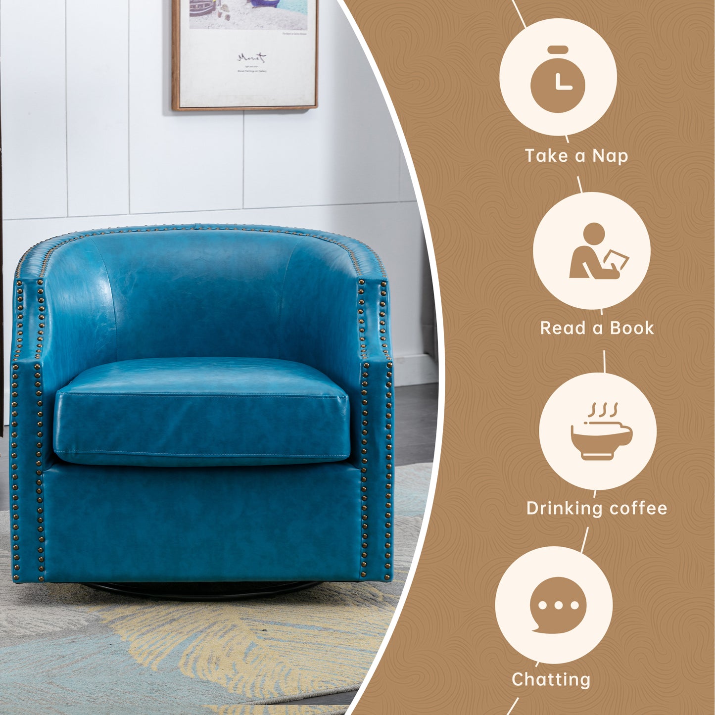 MOONMISS 360 Degree Swivel Accent Chair, Mid-Century Armchair with Deep Seat, Round Barrel Chair for Living Room Bedroom