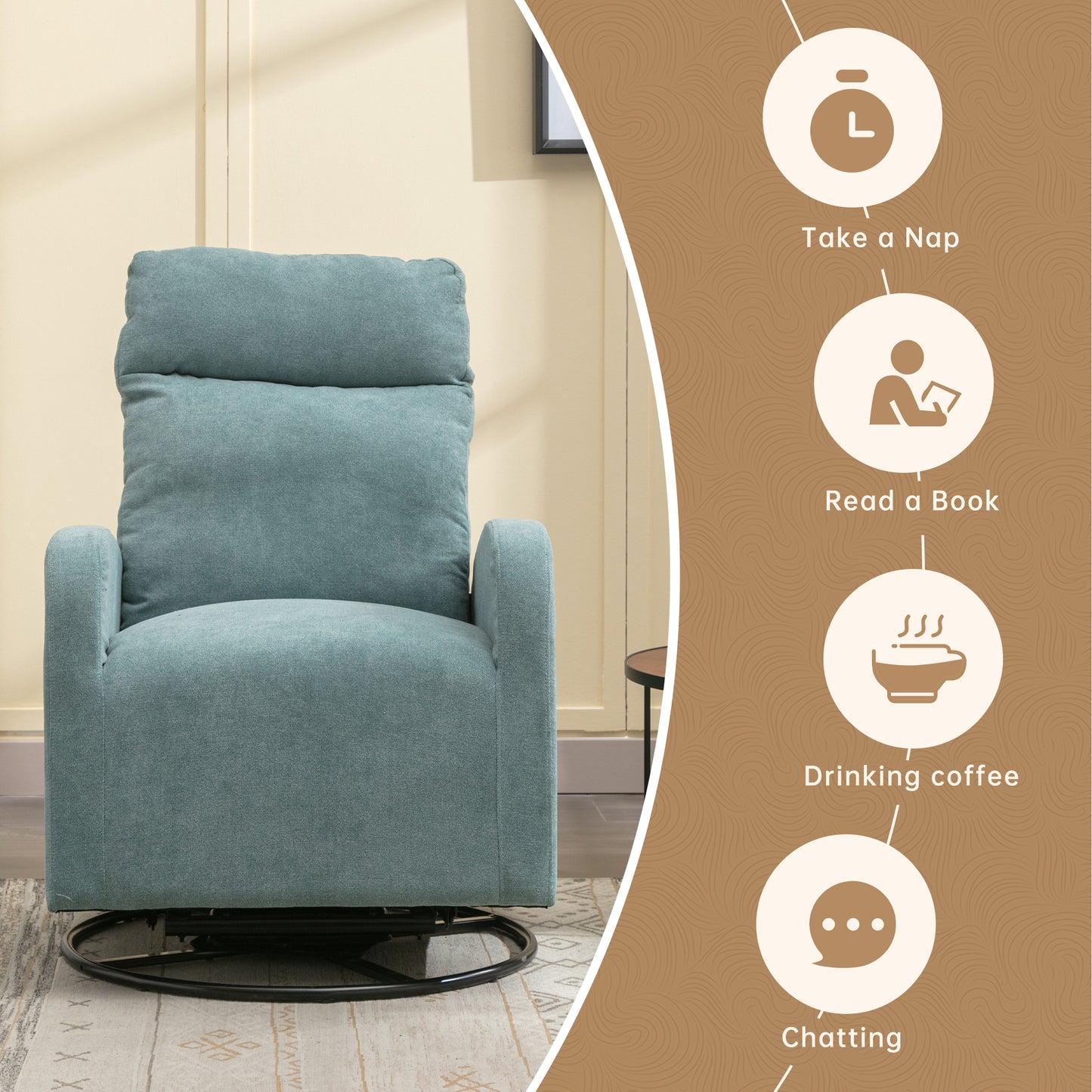 MOONMISS Swivel Glider Rocker Chair, Rocking Chair Nursery with Pocket, Comfy Chair with High Back, Deep Seat for Living Room, Bedroom