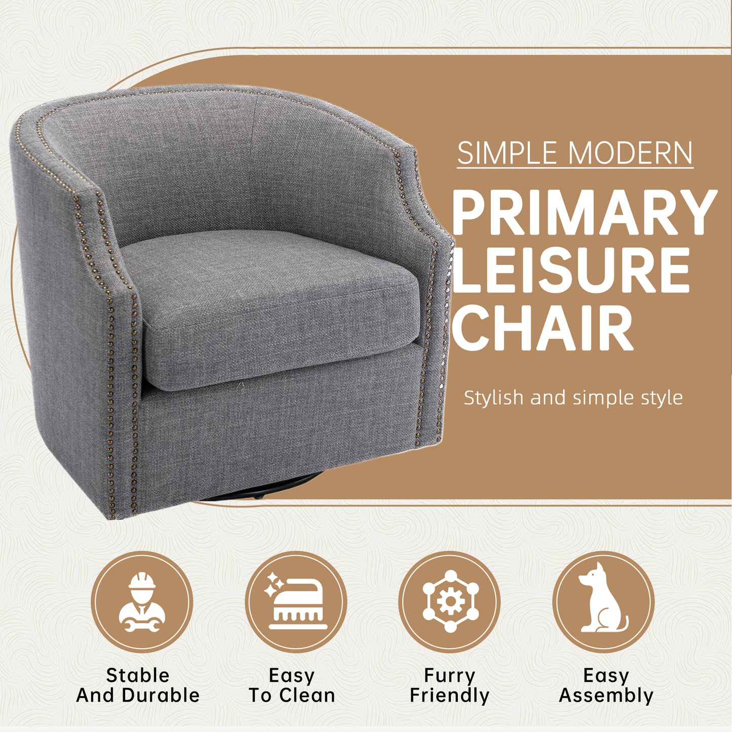 MOONMISS 360 Degree Swivel Accent Chair, Mid-Century Armchair with Deep Seat, Round Barrel Chair for Living Room Bedroom