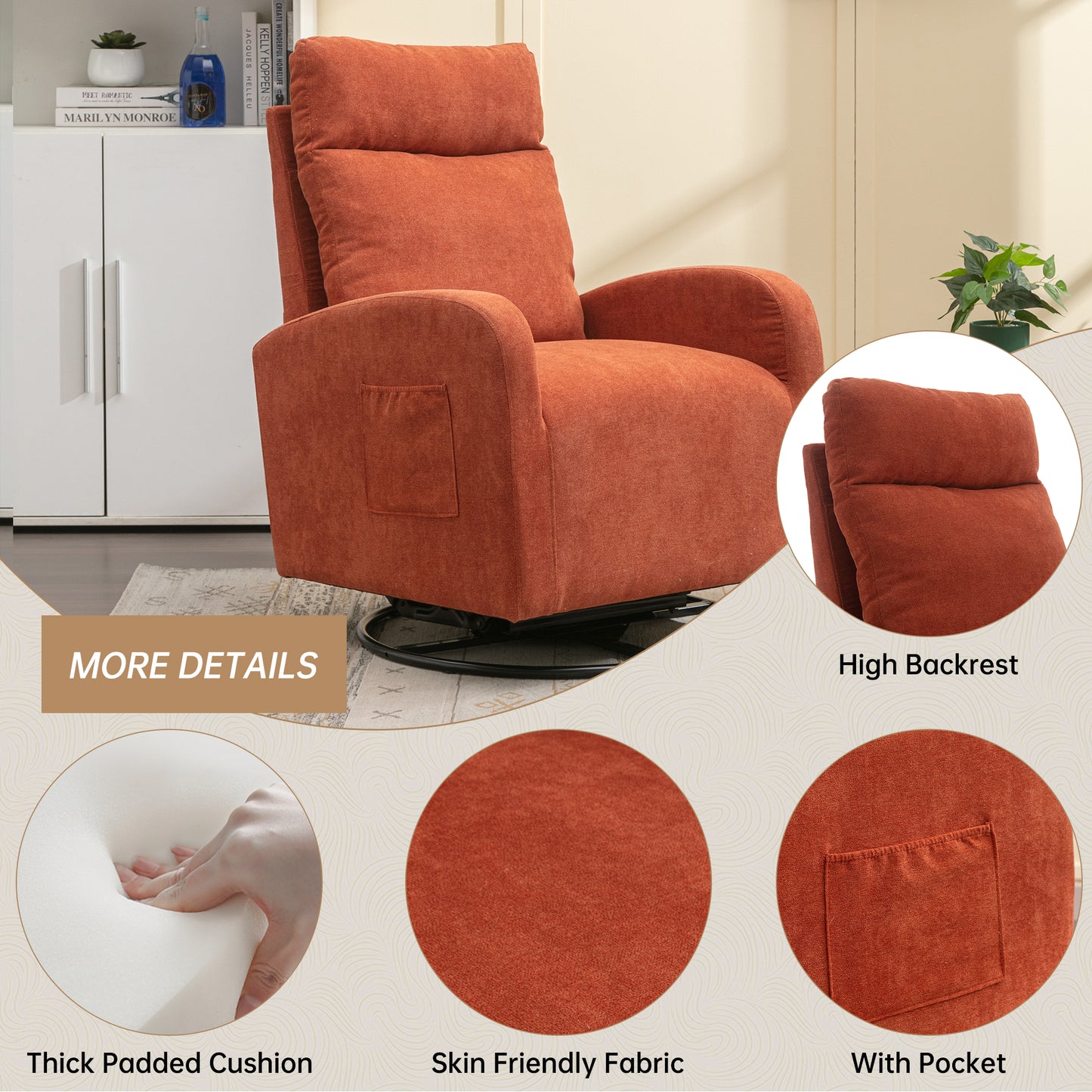 MOONMISS Swivel Glider Rocker Chair, Rocking Chair Nursery with Pocket, Comfy Chair with High Back, Deep Seat for Living Room, Bedroom
