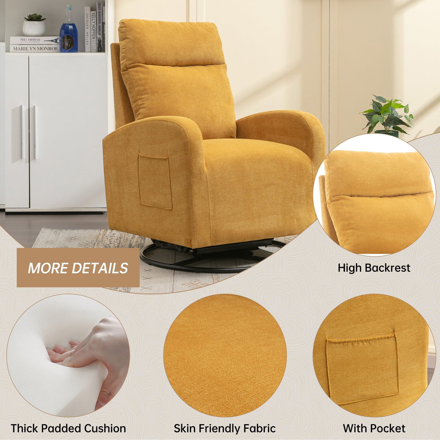 MOONMISS Swivel Glider Rocker Chair, Rocking Chair Nursery with Pocket, Comfy Chair with High Back, Deep Seat for Living Room, Bedroom